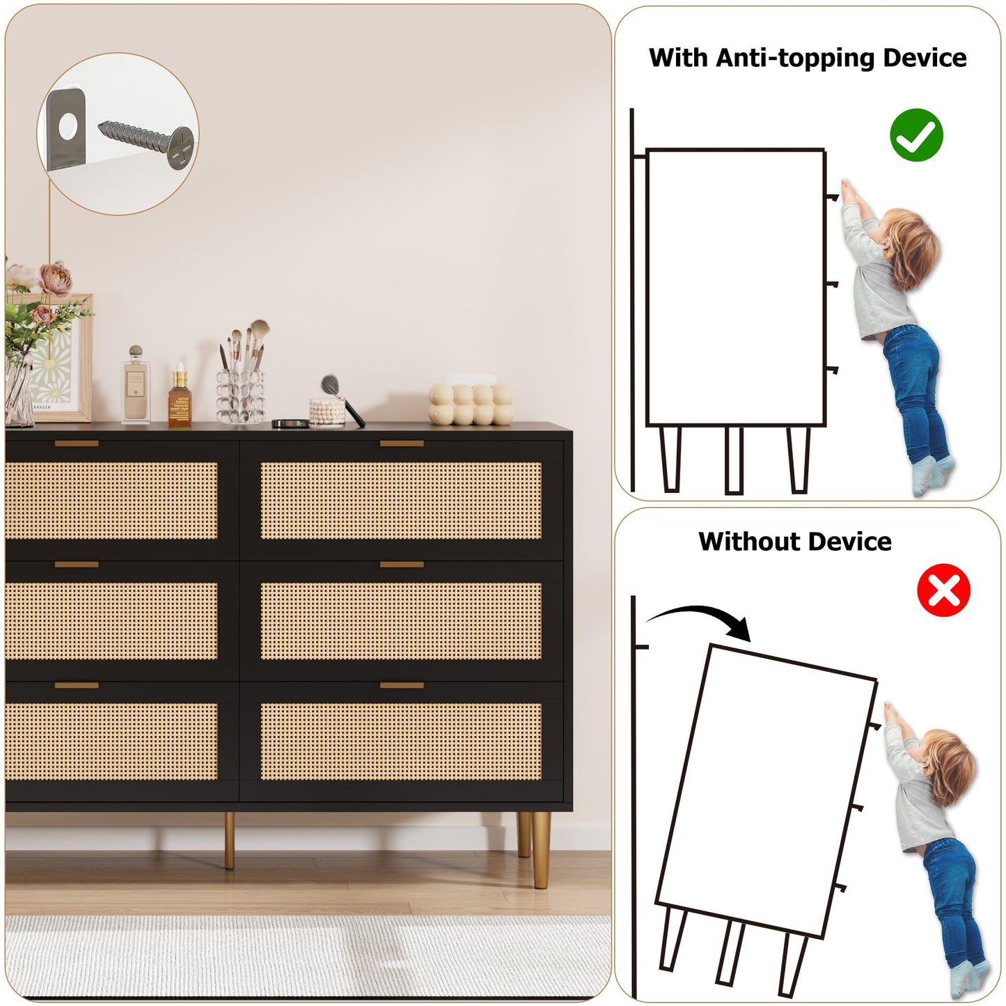 Garvee Rattan 6 Drawer Dresser, 42.5''W Wood Dresser, Chest of Drawers with Gold Legs and Handles, Double Dressers with Large Tabletop and Anti-Tipping Design for Bedroom, Black
