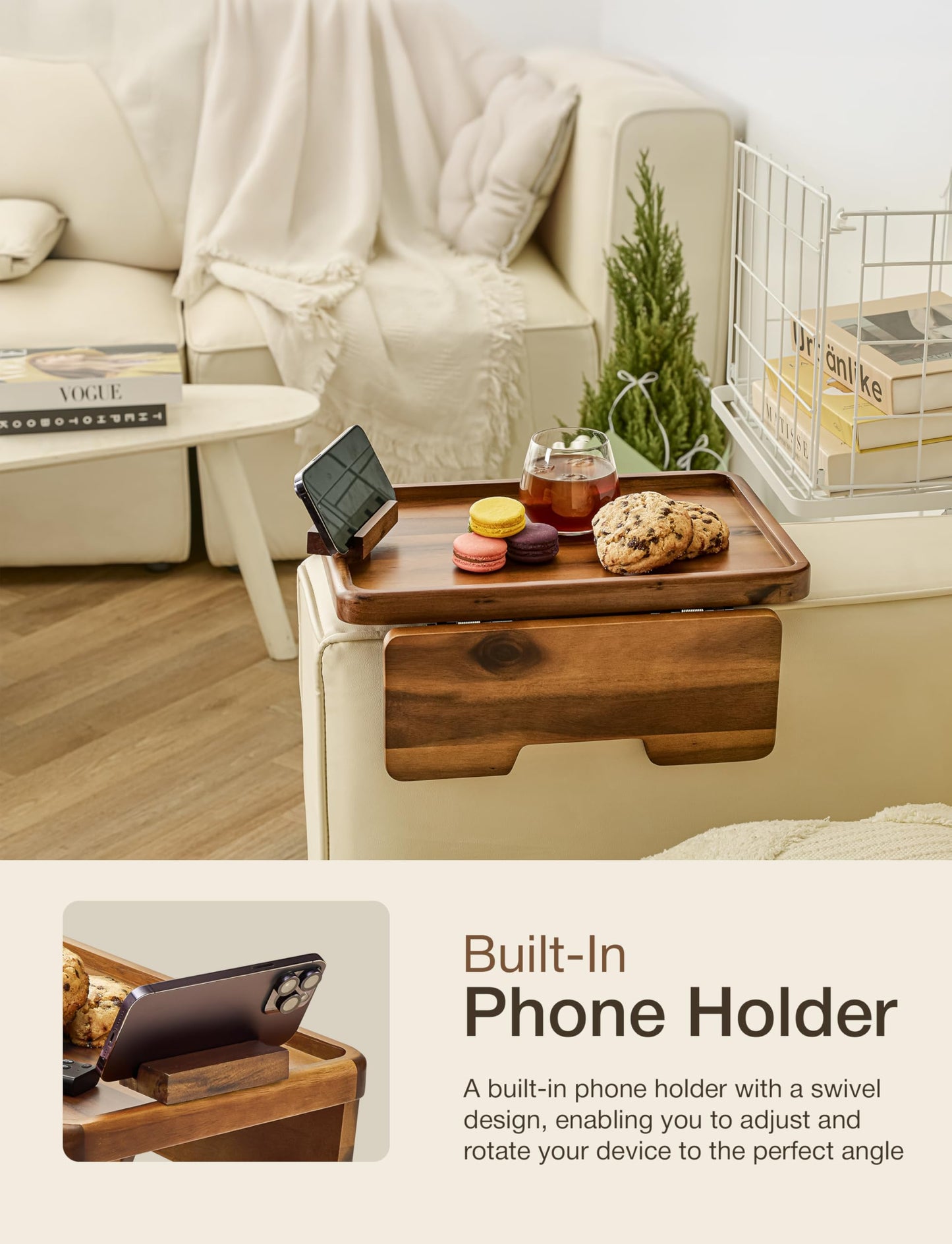 HOLANA 15.75" Acacia Couch Armrest Table with 360° Rotating Phone Holder, Wooden Couch Tray – Sofa Side Table, Armchair Caddy for Home Sofa Living Room (Acacia)