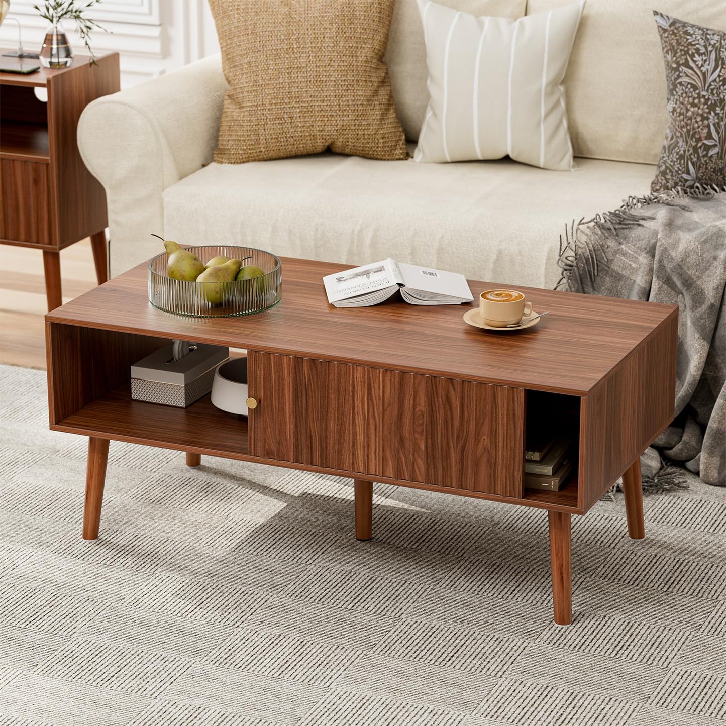 LCRBOL Coffee Table with Fluted Sliding Door, Mid-Century, Walnut