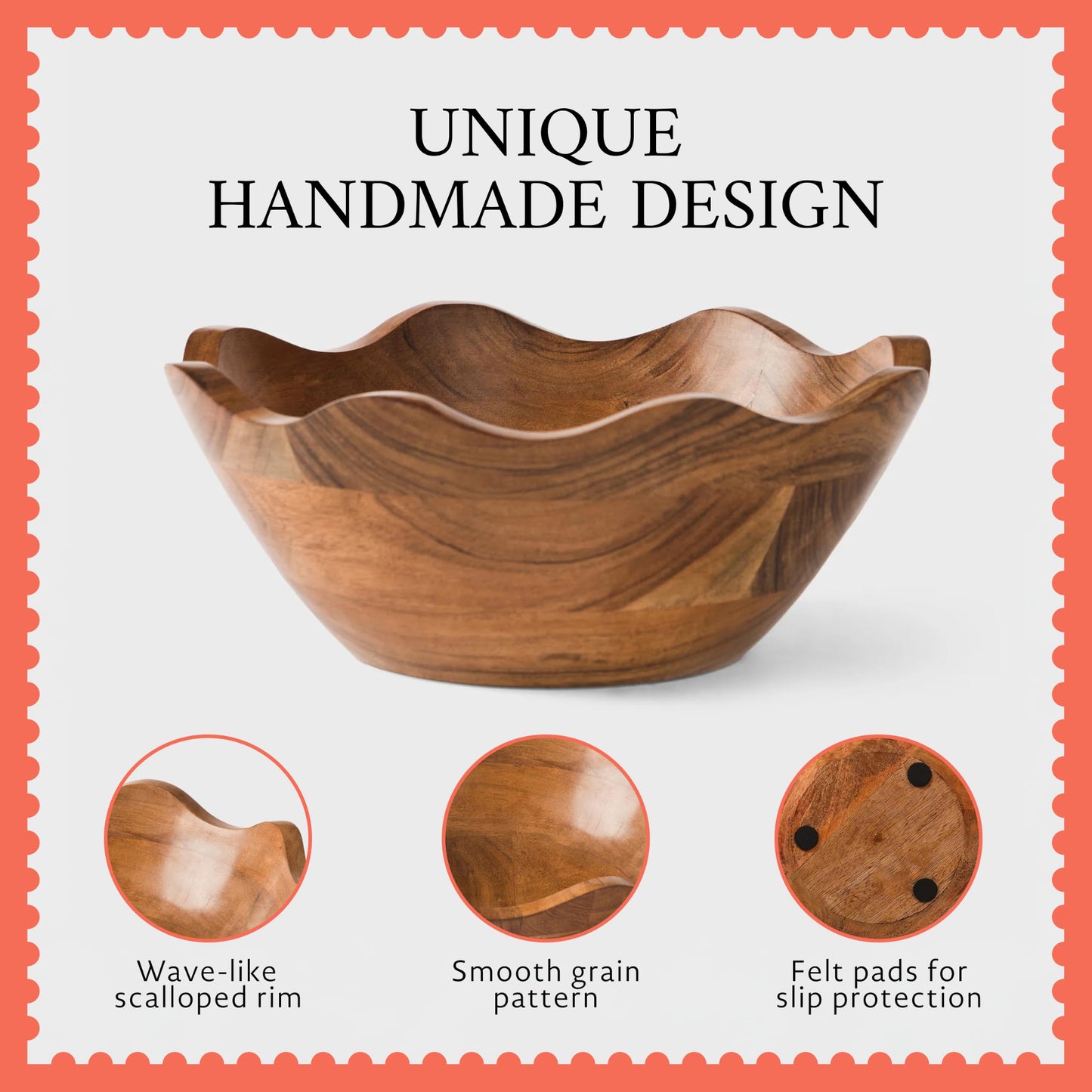 Mela Artisans 10 in Wide x 4 in Tall Scalloped Acacia Wood Salad Bowl – Decorative Serving and Fruit Bowl with Natural Finish for Kitchen Counter, Bread & Home Decor