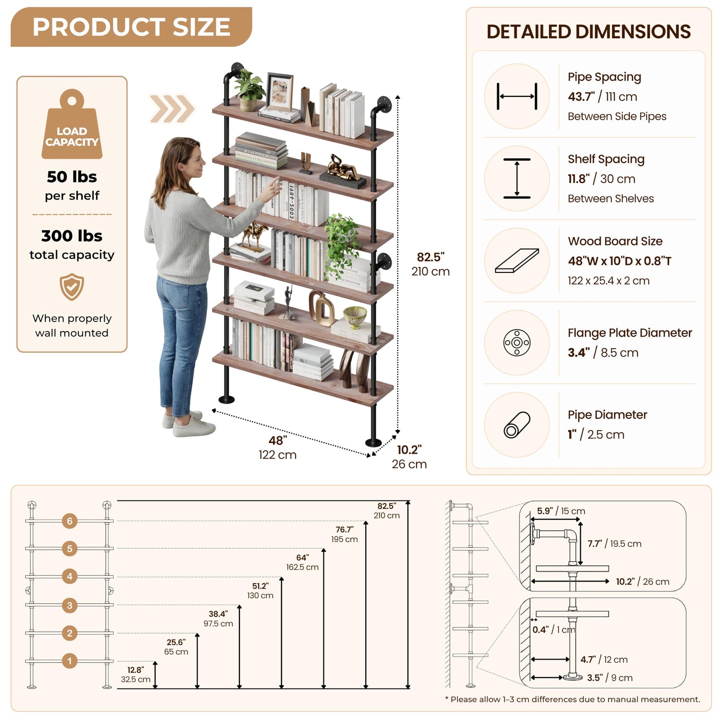 Anynice Industrial Ladder Pipe Shelf, Wall Mounted Wood Metal Bookshelf for Living Room Storage (Weathered Brown, 6 Tier - 10" D x 48" W x 82.5" H)