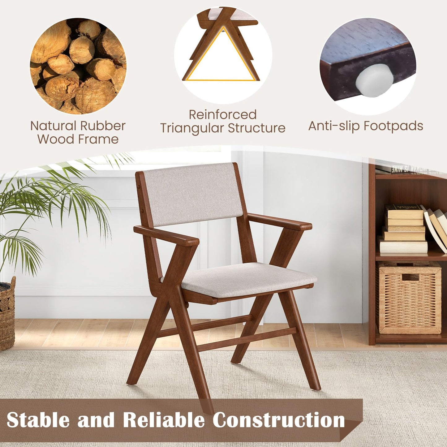 Giantex Wooden Dining Chairs Set of 2, Linen Fabric Upholstered Kitchen Chairs w/Armrests, Rubber Wood Frame, Padded Seat & Back, Farmhouse Side Chairs, Accent Chairs for Living Room Restaurant