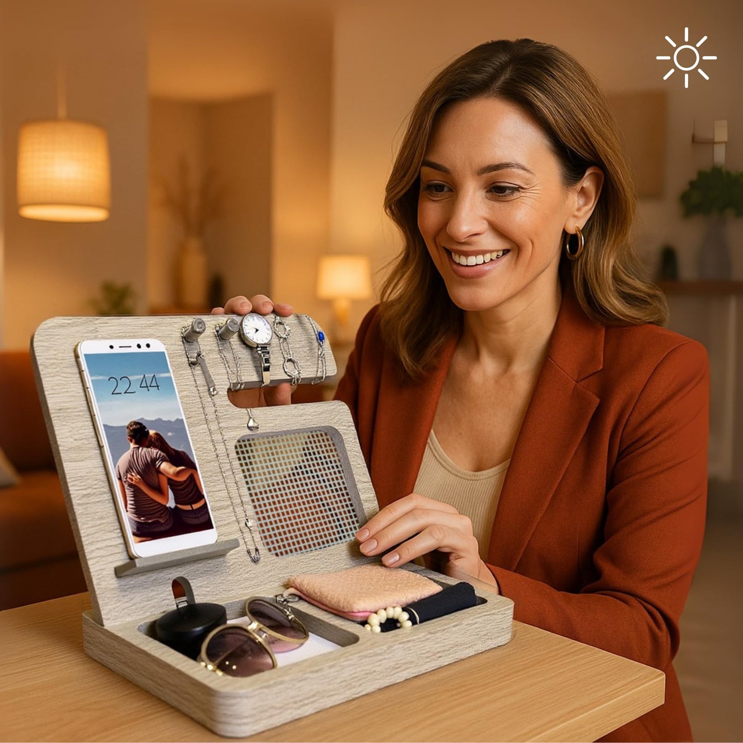Namore Nightstand Organizer for Women – Wood Phone Docking Station & Jewelry Valet Tray for Phone, Earrings, Wallet & Keys – Unique Gifts for Women, Wife, Mom