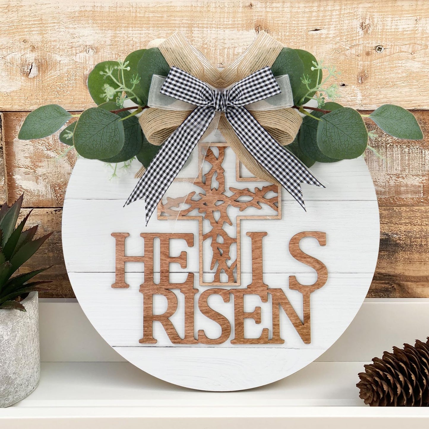 TOARTi He is Risen Easter Front Door Sign Wreath (11.4"x11.4"), Rustic Christian Cross Wall Sign Hanging Plaque, Farmhouse Religious Home Wooden Door Decoration for Housewarming Easter Gift