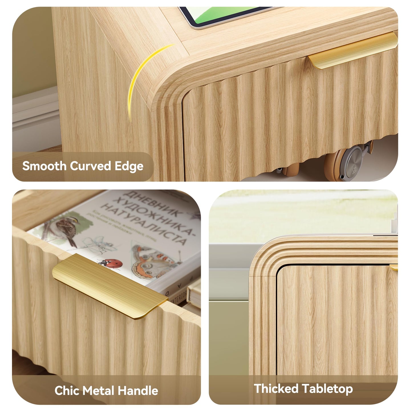 Decofy Fluted Nightstand with Charging Station, Modern Bedroom Side Table with Gold Handles, Curved Profile Design, End Table Wood Organizer for Bedroom, Open Shelf & 1 Drawers (1 Pack, Natural Oak)