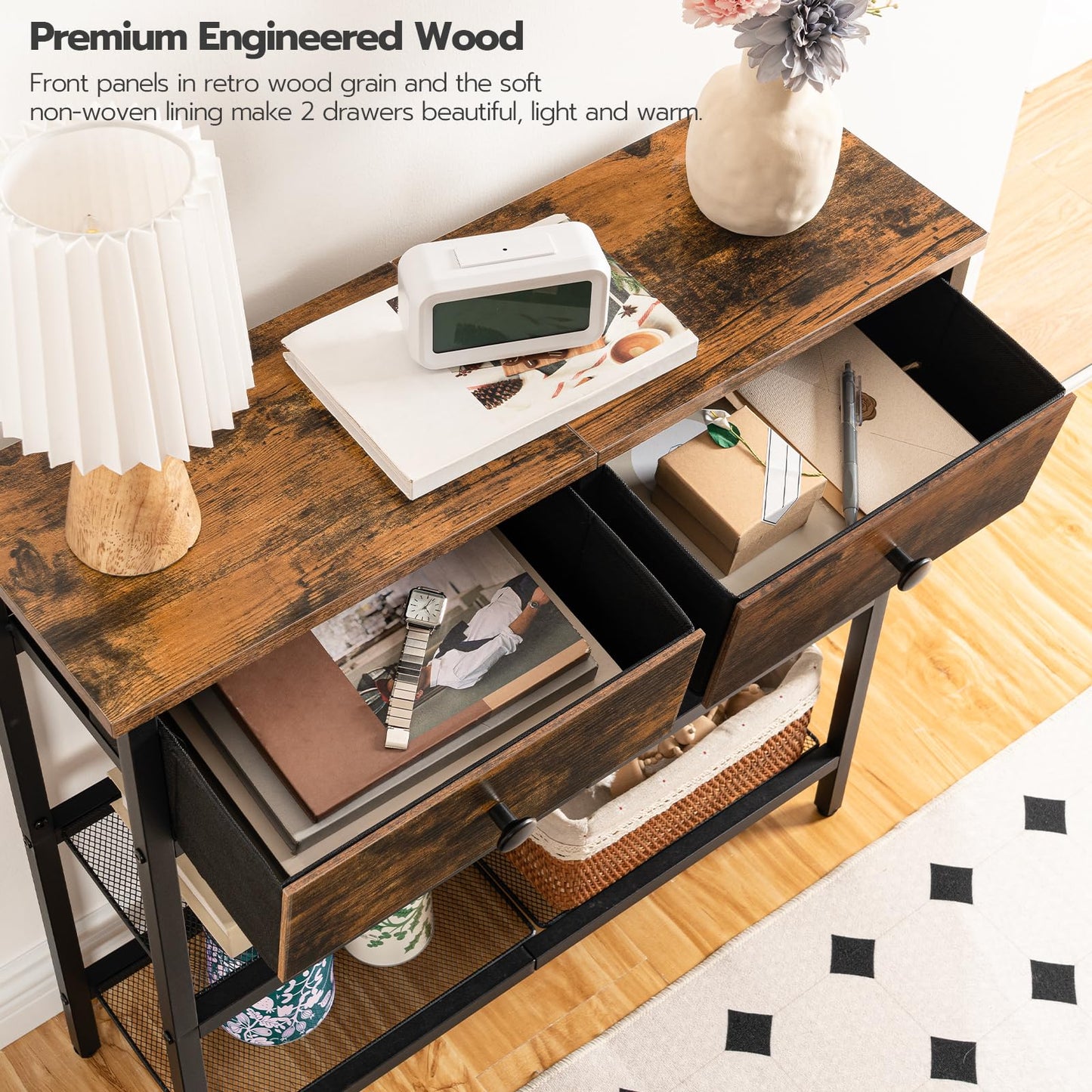 HOOBRO 29.5" Narrow Console Table with 2 Fabric Drawers, Sofa Table, Small Entryway Table with 3-Tier Storage Shelves, Behind Couch Table, for Living Room, Hallway, Rustic Brown and Black BF72XG01
