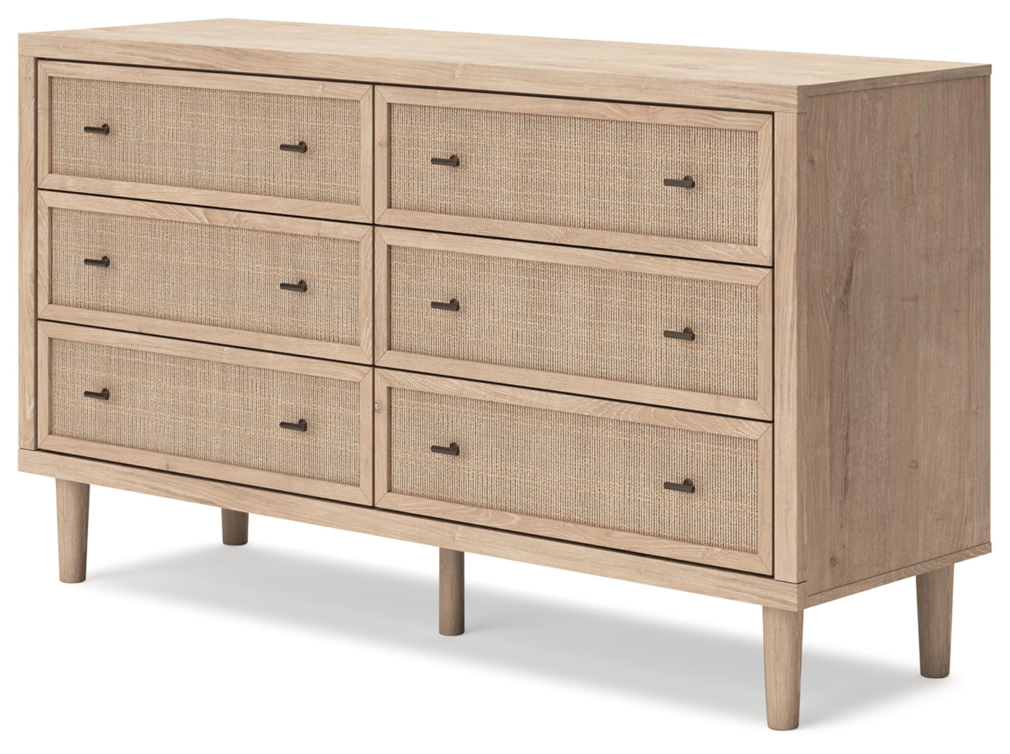 Signature Design by Ashley Cielden 6 Drawer Dresser, Quick 10-Minute Assembly, Textured Cane Details, Coastal Modern Bedroom Storage, Light Brown Two-Tone