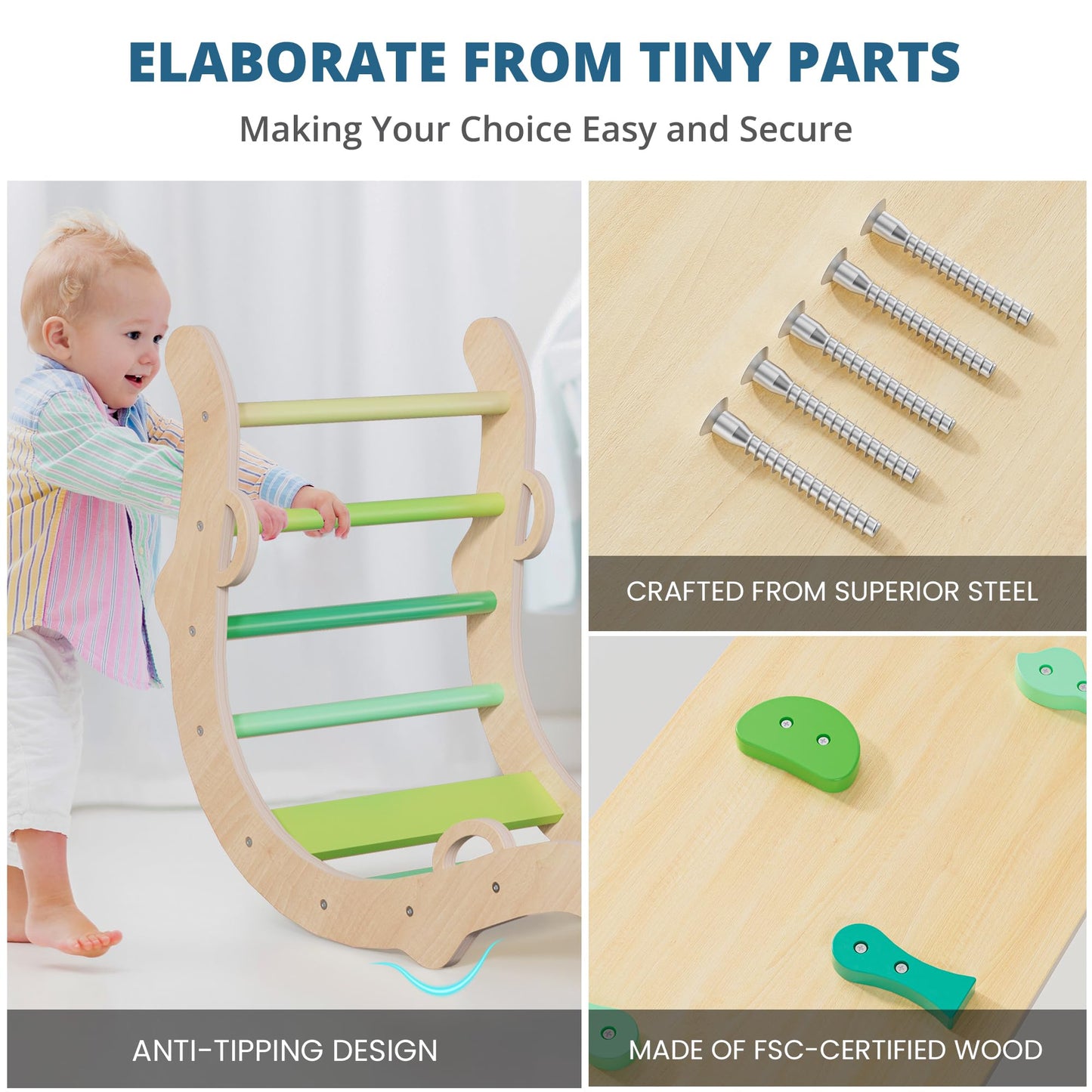 BlueWood Pikler Triangle Set, Toddler Wooden Climbing Toys Indoor 7in1 Foldable Climber for Kids, Montessori Philosophy Play Jungle Gym with Arch, Ramp, Ladder (Green Summer)