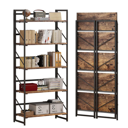 JSB No Assembly Folding Bookshelf, 5 Tier Industrial Metal Book Shelf for Storage, Vintage Wood Foldable Bookcase for Living Room, Bedroom, Office Organization Shelves