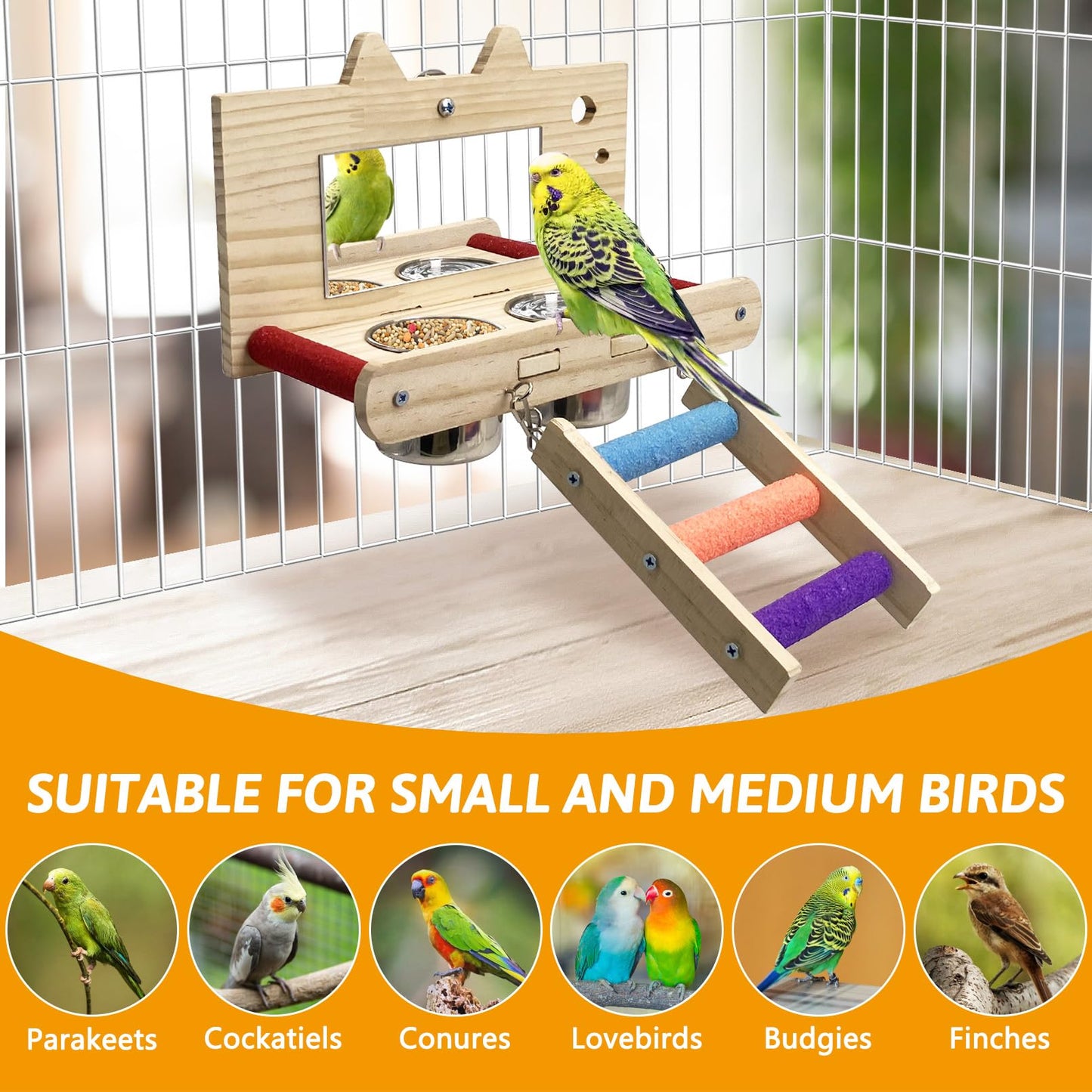 Tfwadmx Bird Food Stainless Steel Cups Wooden Perch Stand with Ladder Hanging Feeder Bowls Feeding and Watering Supplies for Parakeets Conures Cockatiels Budgie Parrot