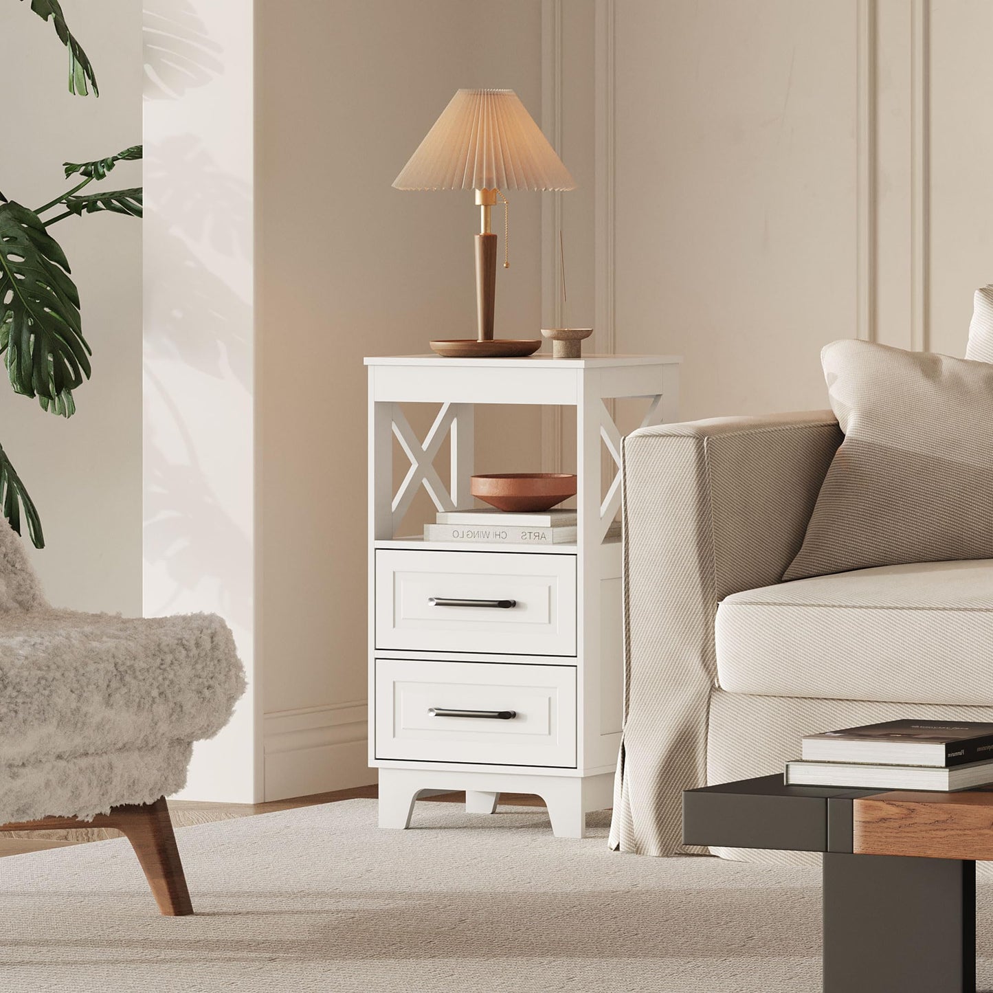 ZYKZYK Tall Nightstand Set of 2 Side Table with 2 Drawers Modern Night Stand Wooden End Table Bedside Table with Upper Open Shelf Solid Feet for Bedroom, White