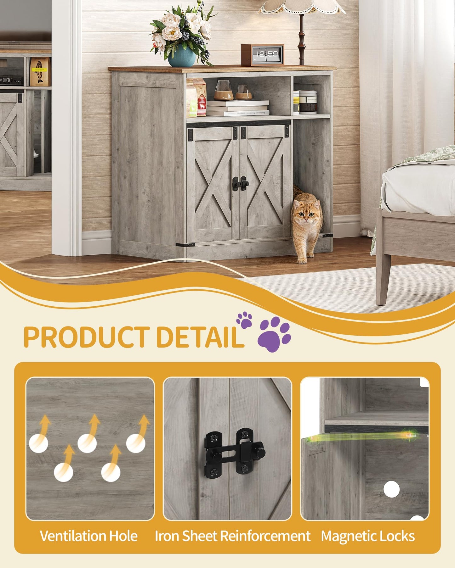 Hzuaneri Cat Litter Box Enclosure, Hidden Litter Box Furniture with Storage, Wooden Cat Cabinet with Scratch Pad, Farmhouse Cat Washroom, TV Stand End Table, Greige CB87505X