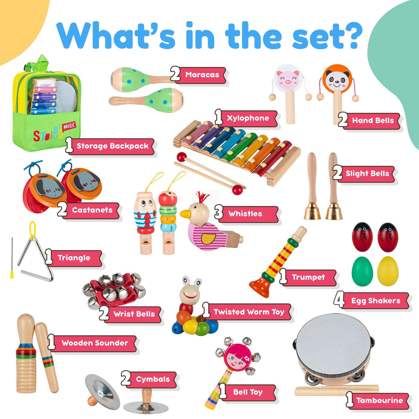 Stoie's Musical Toys for Toddlers, Wooden Percussion Instruments Toy for Kids Baby Preschool Educational Musical Toys Set for Boys and Girls with Storage Bag
