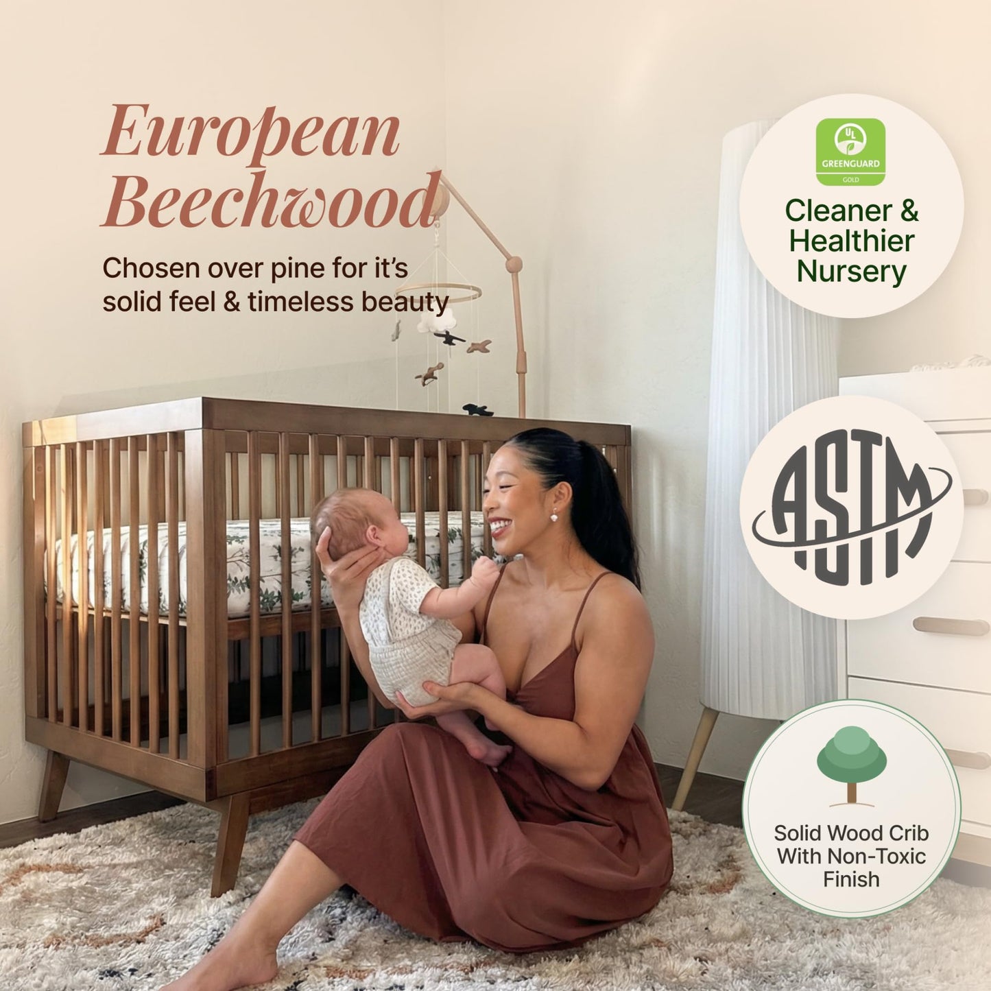 dadada Baby Soho 3-in-1 Convertible Wooden Crib to Toddler Bed - Made in Italy, GREENGUARD Gold Certified, Baby-Safe Finish, Handcrafted Beechwood, Modern Design, 3 Adjustable Heights (Walnut)
