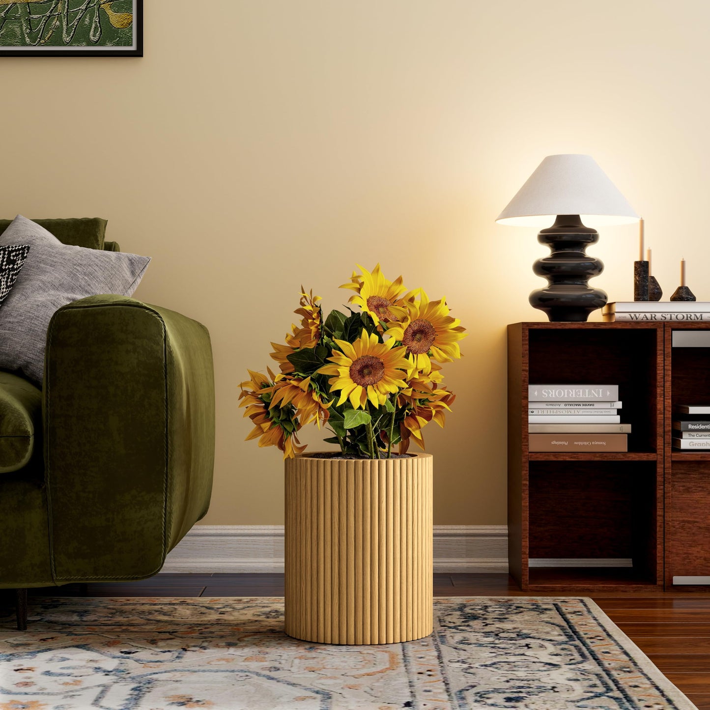 SHYFOY Fluted Wooden Round Indoor Outdoor Planters, Cylinder Decorative Floor Vase Flower Plant Pots for Living Room Dining Bedroom Home Corner