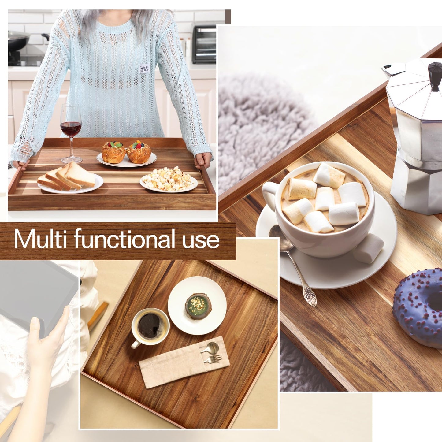 RattanView 24 Inch Extra Large Square Ottoman Table Tray with Handles Large Acacia Wood Serving Decorative Ottoman Wood Tray for Kitchen Coffee Sofa Table Organizer Storage Topper