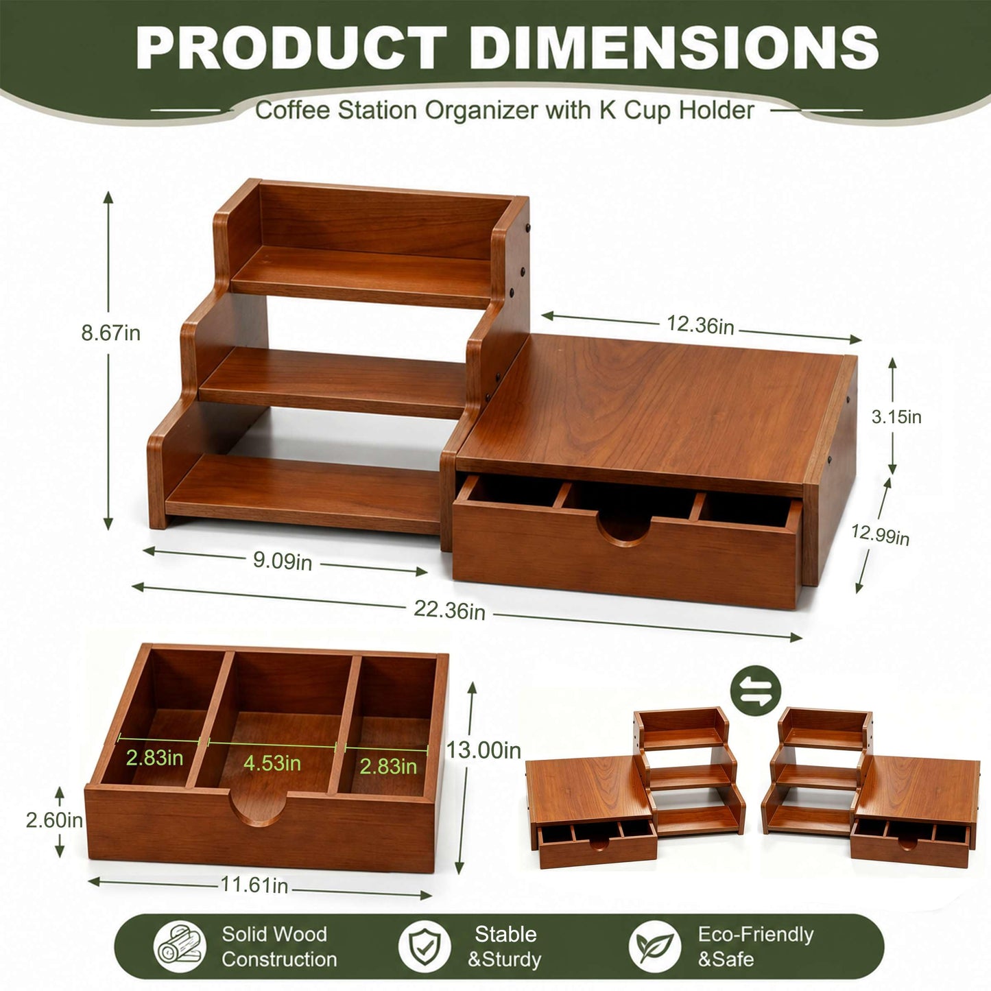 Coffee Station Organizer with K Cup Holder Drawer for Countertop, Coffee Tea Bar Accessories Office Corner Stand Station, 28 Pods Holder Drawer 3-Tier Trapezoidal Wooden Syrup Organizer Rack