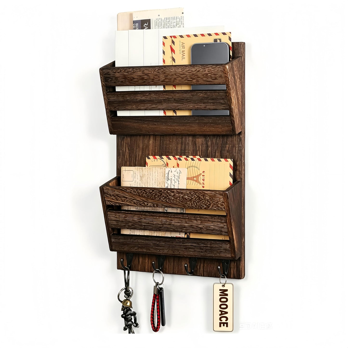 MOOACE Mail Organizer Wall Mount with Key Hooks, 2-Slot Wood Mail and Key Holder, Wall File Organizer Office Letter Folder Accessories Organizer Home Farmhouse Decor
