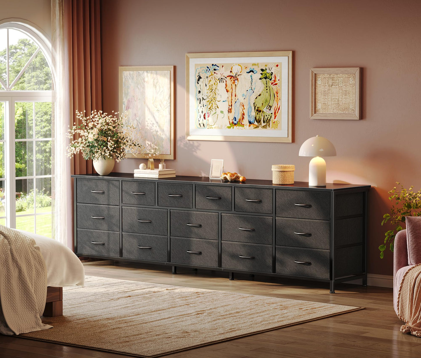 Huuger 77.6" Long Dresser for Bedroom, 16 Drawer Fabric Dresser for Closet, Wide Chest of Drawers with Storage, TV Stand for 65, 75, 85 Inch TV, 77.6" W x 13" D x 26.4" H, Black