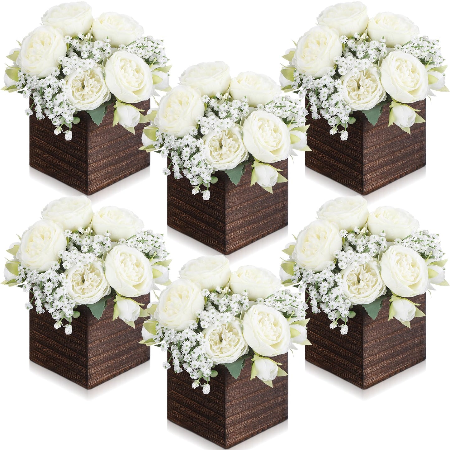 Suncalla 6 Sets Artificial Peonies Flowers Table Centerpieces with Wooden Cube Planter Box Wedding Floral Arrangement 4 x 4 Square Wood Vase for Bridal Party Home Table Decor(White)
