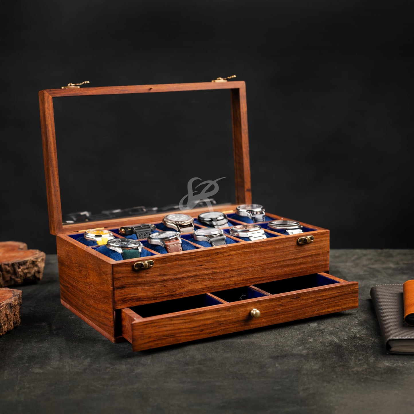 Royal Craft Expertise® 10-Slot Premium Wooden Watch Box for Men – Handcrafted Rosewood Organizer with Soft Velvet Lining | Elegant Display Case with Drawer | Ideal for Watch Storage & Gifting