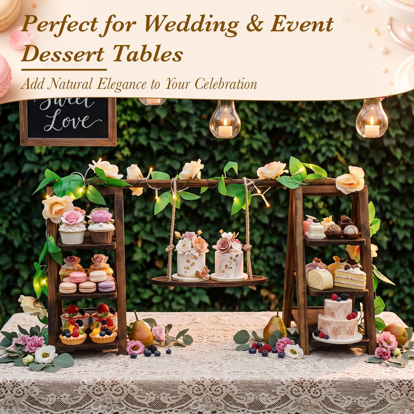 Purpeak Rustic Wooden Cupcake Stand with LED String Lights, 3 Tier Dessert Display Ladder with Swinging Tray, Solid Pine Serving Trays with Flower Vine for Wedding, Party, Birthday Event Table Decor
