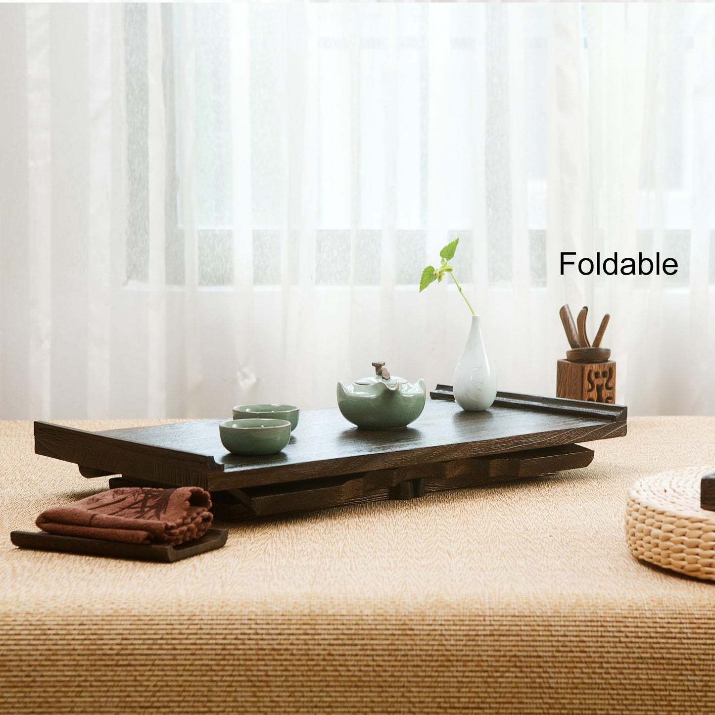 Timwooly Japanese Wood Floor Table with Foldable Legs - Coffee Tables for Living Room, Bed Desk Tray,Meditation Altar, Laptop Desk