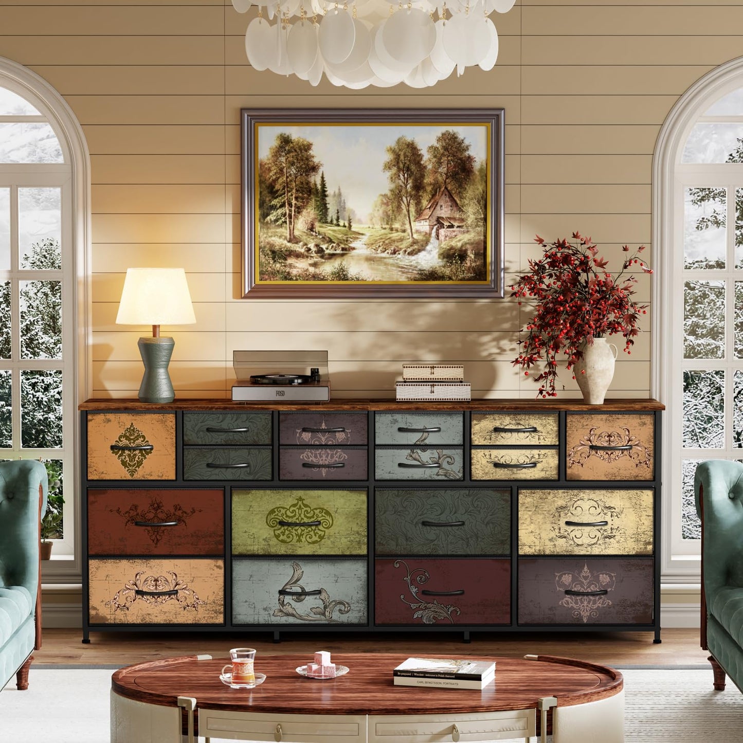 VASICAR 74.8" W Dresser for Bedroom, Wide TV Stand for 65, 75, 80 inch TV, Long Fabric Dresser with 18 Deep Drawers, Large Storage Organizer Cabinet, Wood-top Chest of Drawers (Pattern)
