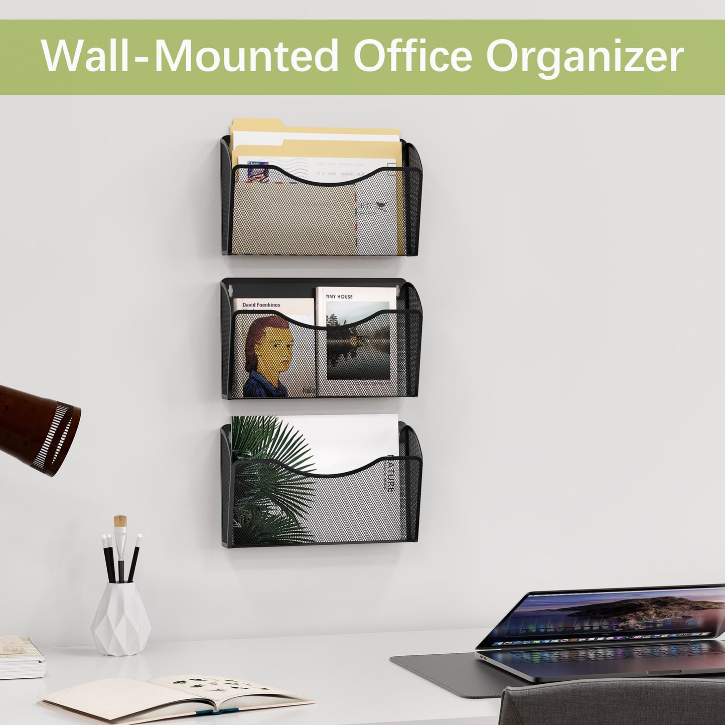 EasyPAG Wall File Organizer 3 Pack, Hanging File Organizer Wall Mount, Metal Mesh Folder Holder for Letter/A4 Papers, Mail Sorter for Office, Classroom, Home, Black