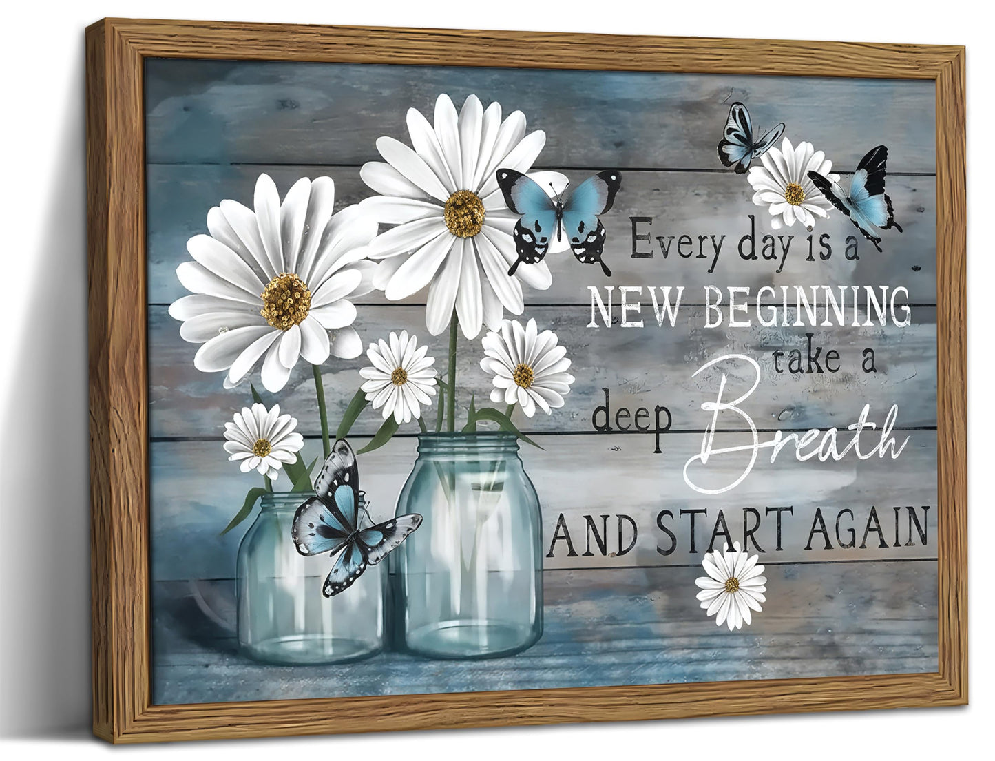 Wood Framed Daisy Butterfly Wall Art, Blue Rustic Farmhouse Canvas Wall Decor Paintings, Inspirational Flower Still Life Posters Prints Pictures for Bathroom Bedroom Home Decor 12x16 Inch