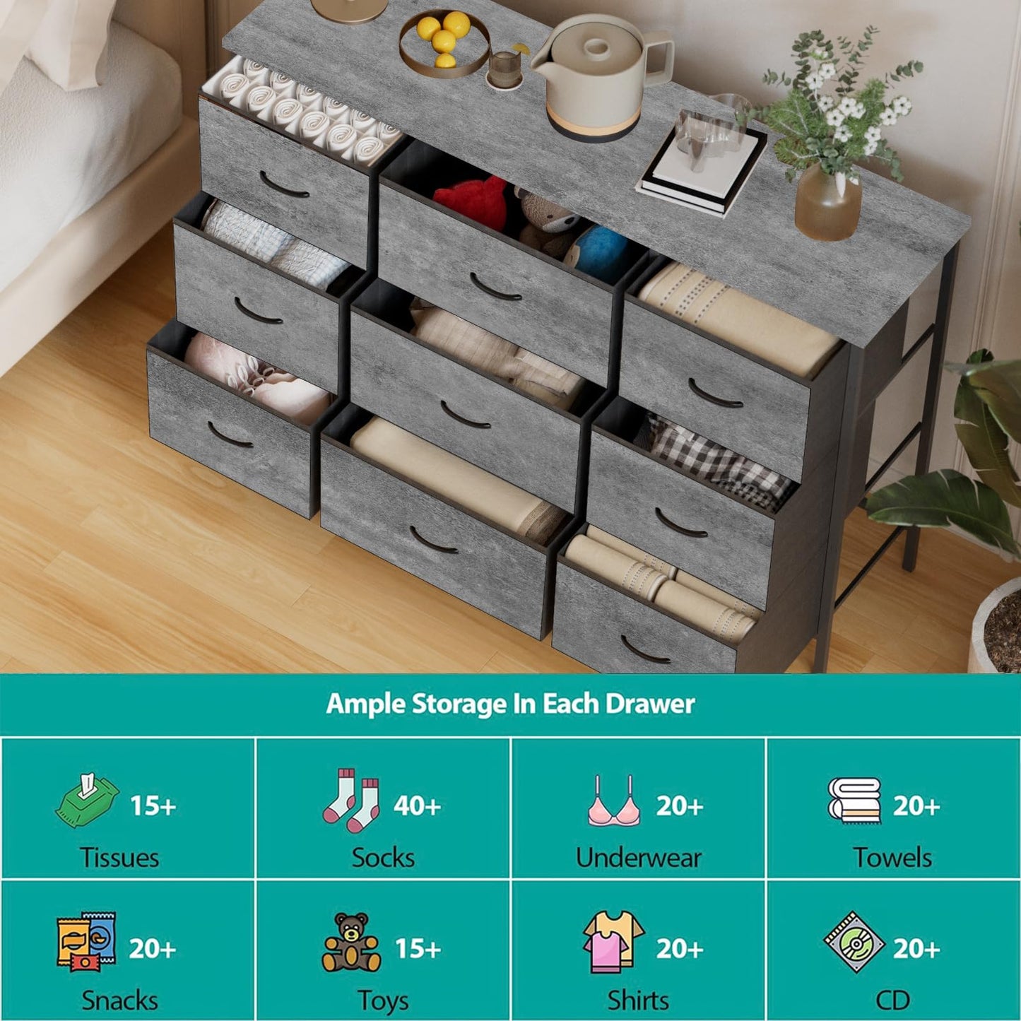 VASICAR Dresser for Bedroom with 9 Deep Drawers, Wide TV Stand Modern TV Console, Fabric Storage Cabinet, Chest of Drawers for Closet, Nursery (Gray)