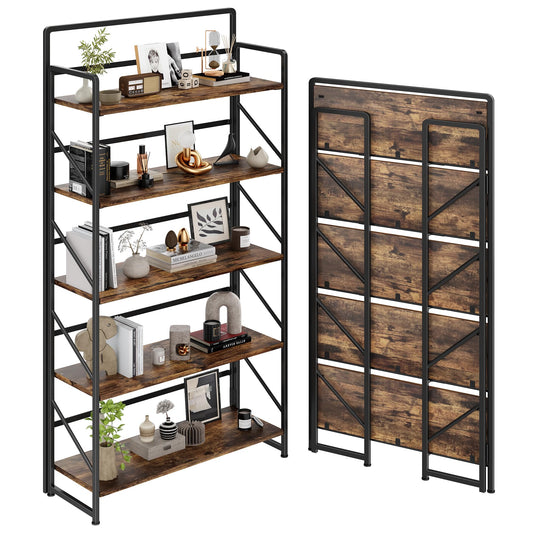JSB Folding Bookshelf,Industrial Storage Shelves, No Assembly Vintage Wood Look Bookshelf with Storage Shelves for Living Room, Bedroom, Office (Fire Brown, Wide 5-Tier)