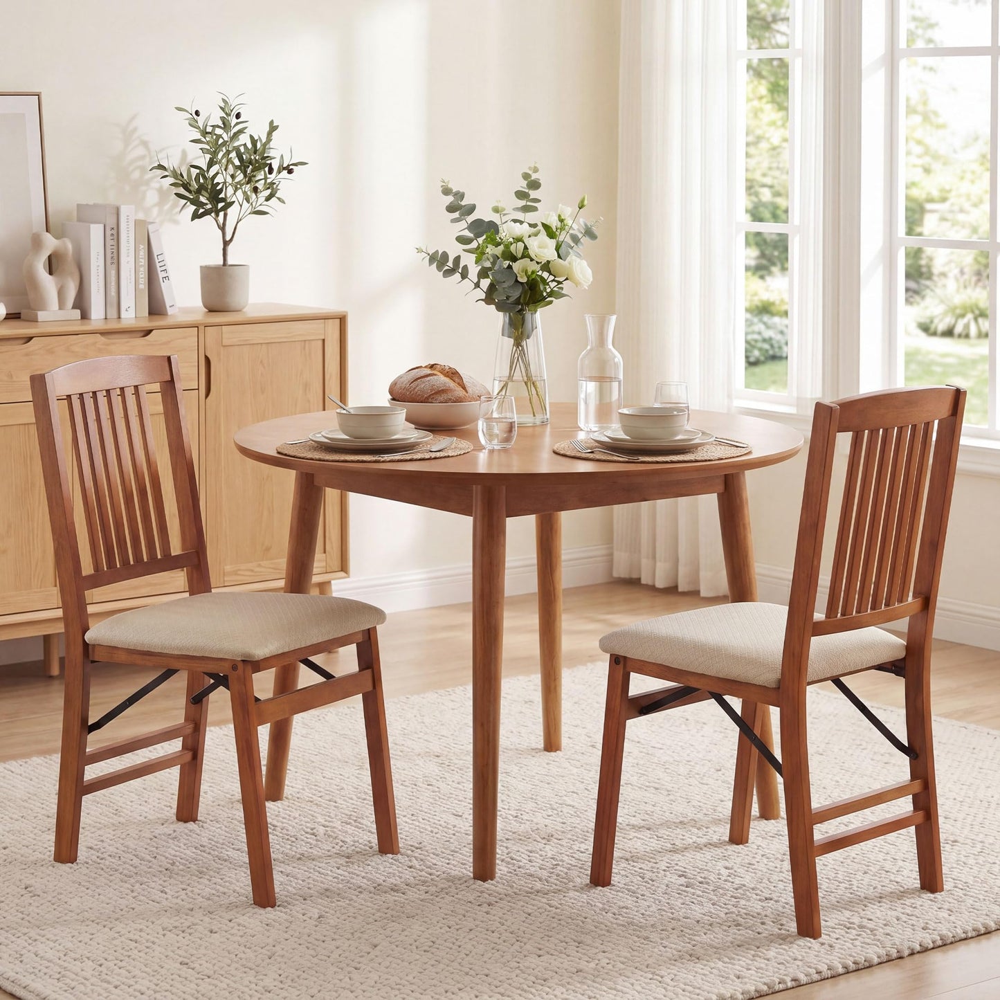 COSTWAY Folding Dining Chairs Set of 2, Wooden Kitchen Side Chairs w/Padded Seat, Solid Wood Frame, 420 LBS Load Bearing, No Assembly Needed, Vintage Foldable Chairs for Dining Room, Living Room