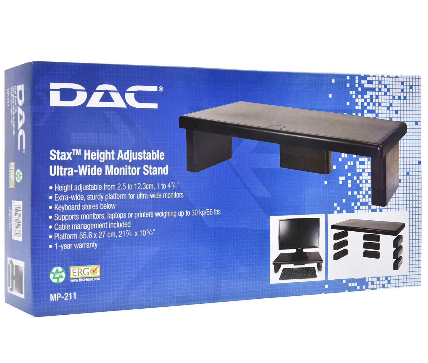 DAC STAX Ultrawide Adjustable, Stackable Desktop Computer Monitor Stand Laptop Riser, Supports up to 66 Pounds, with Keyboard Storage, Black (MP-211)