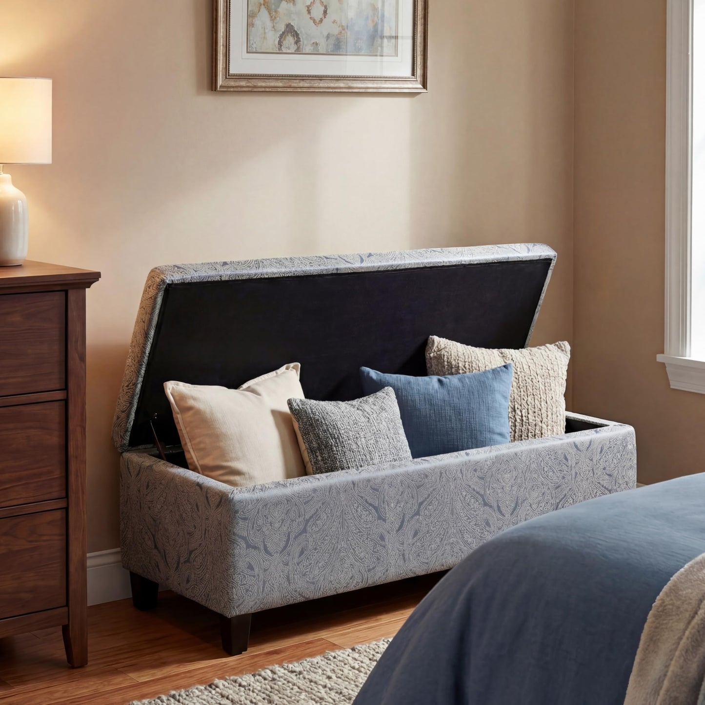 Christopher Knight Home Glouster Living Room Ottoman with Storage, Jacquard Upholstered Storage Ottoman Bench, Rectangular Sofa Foot Stool, Bedroom End of Bed Bench, Shoe Organizer, Antique Blue