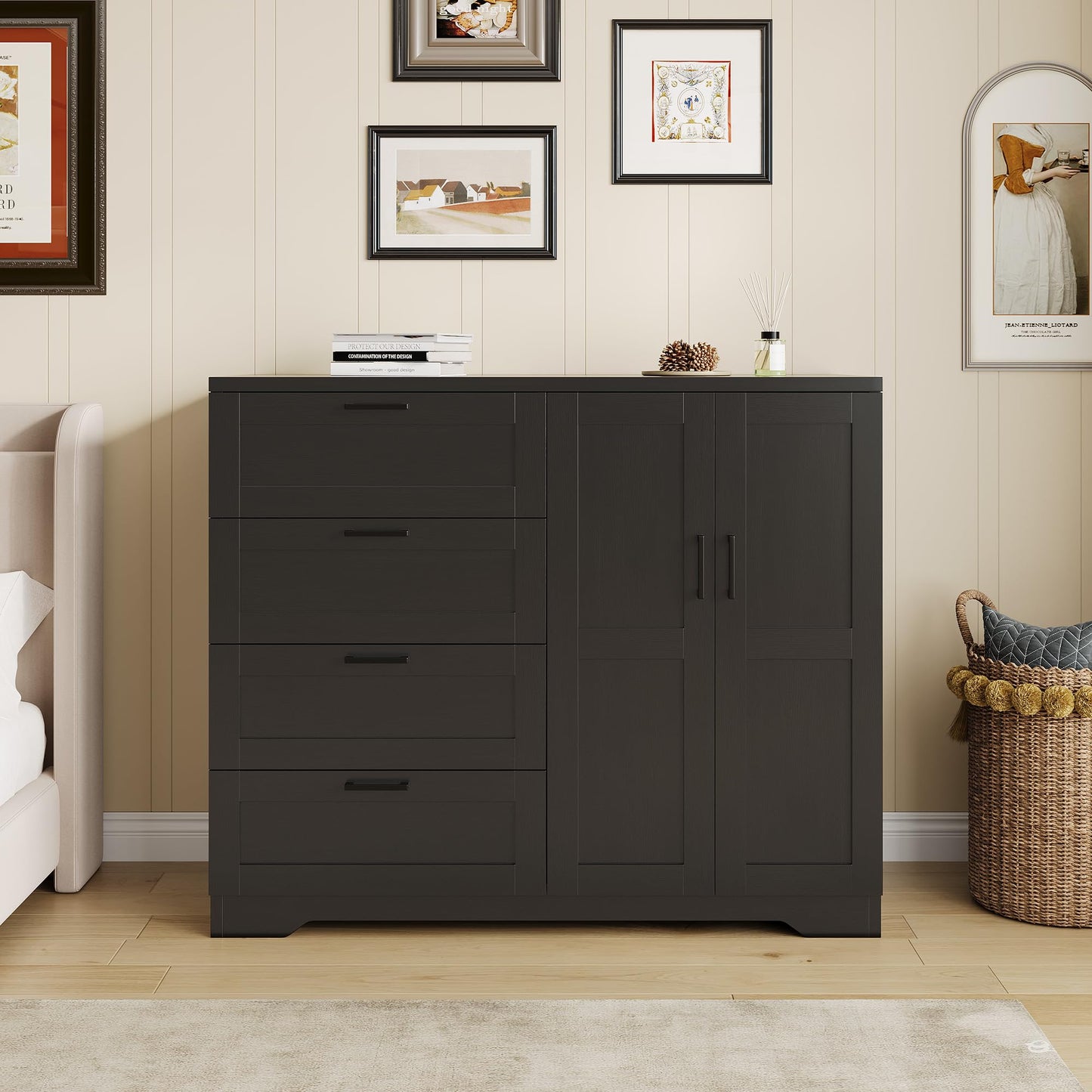 IDEALHOUSE 43.3'' H Armoire Wardrobe Closet with 4 Drawers and 2 Doors, Hanging Rod, Multifunctional Wooden Dresser with Storage Closet, Bathroom Cabinet for Bedroom, Black