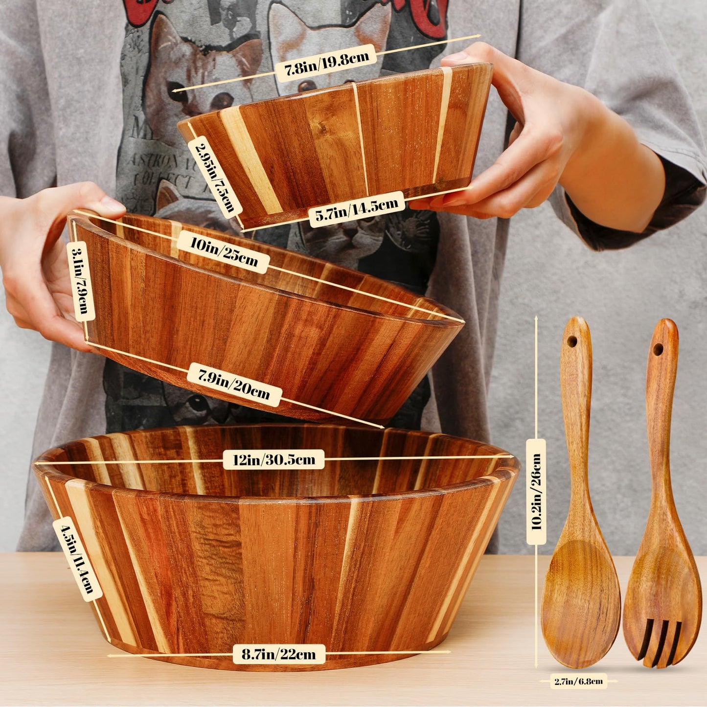 Yunlly Wooden Salad Bowl Set of 5 - Large Fruit Mixing Bowls with Salad Servers Utensils for Serving Dining Accessory - Handmade - Acacia Wood - Large 12", Medium 10", Small 8"(Round Design)
