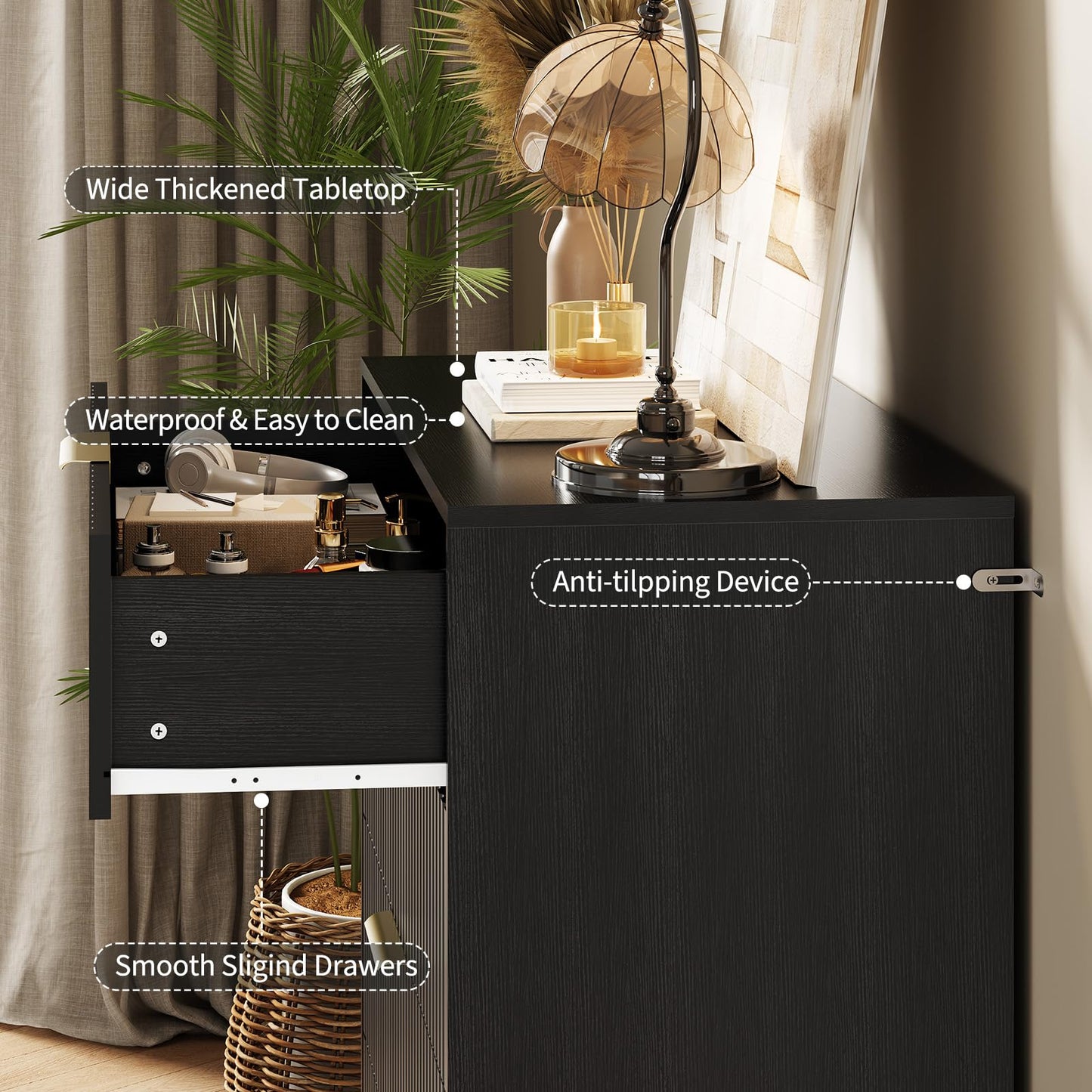 GarveeHome Fluted Dresser for Bedroom with 4 Drawers,32" Wide Modern Chest of Wooden Bedroom Chest with Metal Handle,Clothes Storage Organizer,Dresser & TV Stand for Living Room,Black