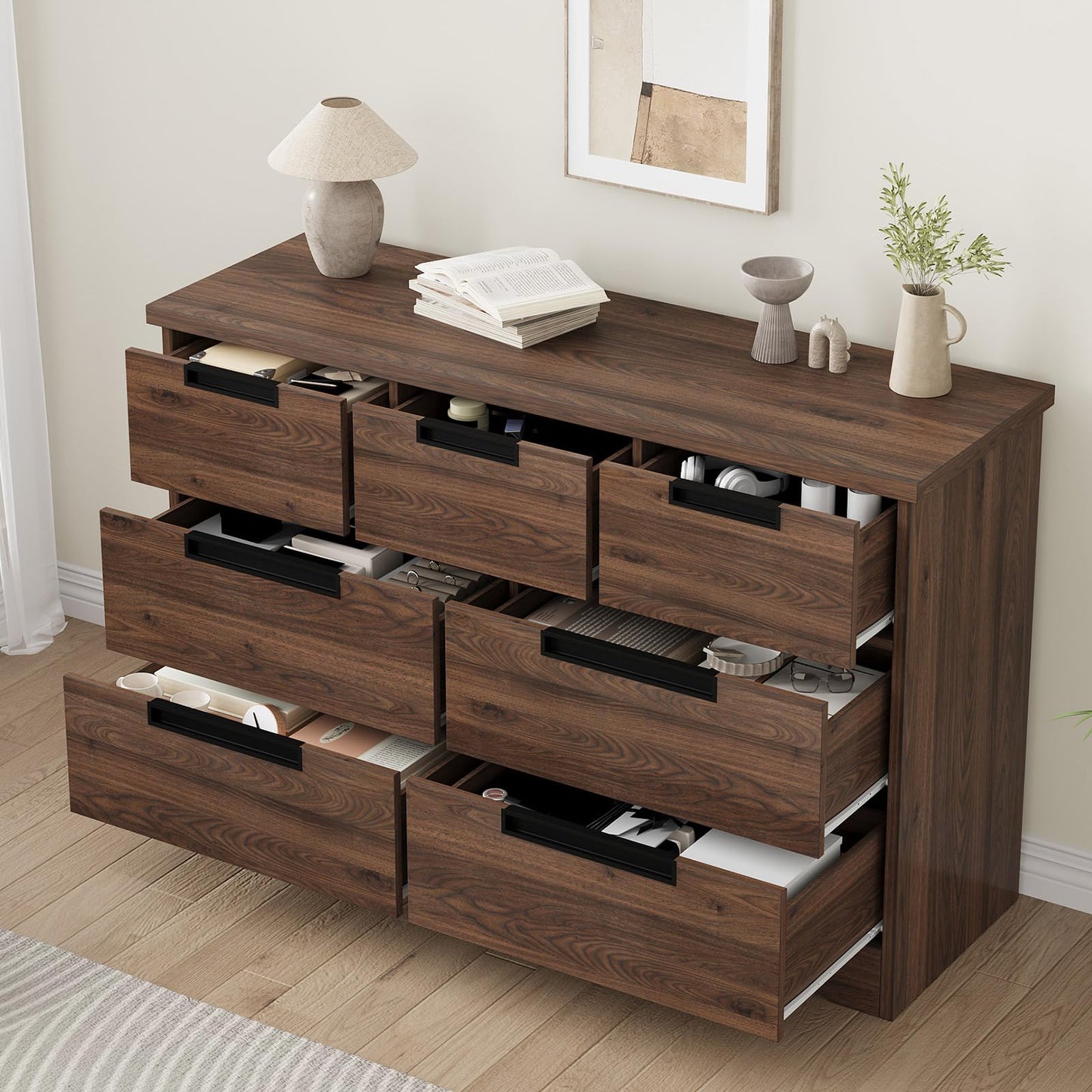 Garvee 7 Drawer Dresser for Bedroom, 55in Wide Modern Chest of Drawers Closet with Built-in Handles Design, Wooden Dresser Organizer for Living Room, Nursery, Hallway - Walnut