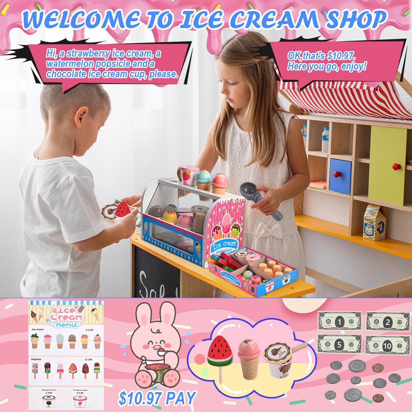 WoodTrove Ice Cream Play Set, Wooden Ice Cream Toy, Wooden Play Food, Ice Cream Shop Playset, Pretend Play Toys for Toddlers, Kitchen Toys Gift for Girls Boys 3 4 5 6 Year Old
