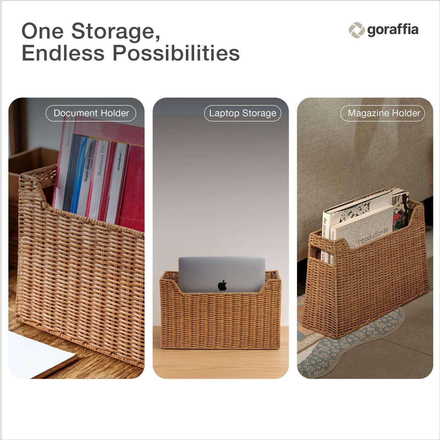 Goraffia Rattan Magazine Basket – Handwoven Book & Mail Organizer, 15.5" x 4.75" x 10" Floor Bin with Handles, Natural Sustainable Storage for Living Room, Entryway, Office (Natural Honey)