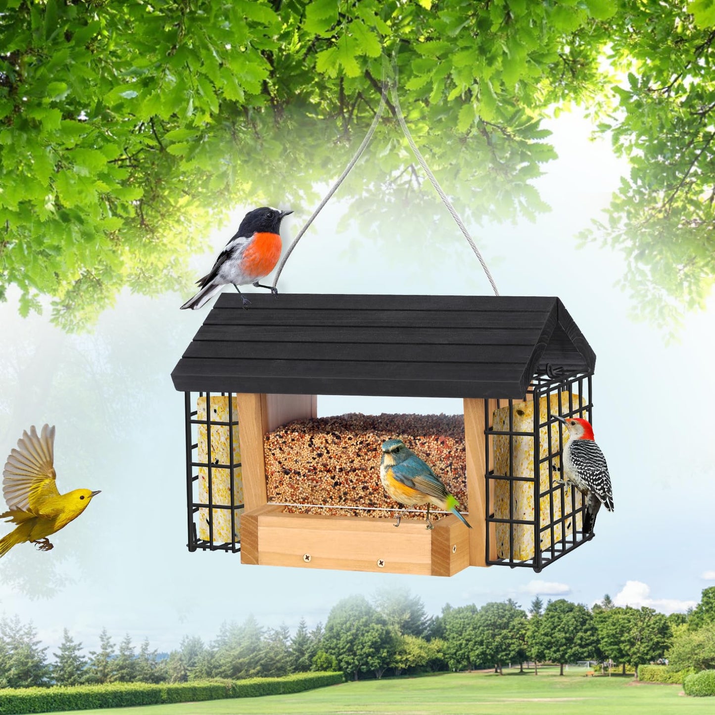 Gbekery Hopper Bird Feeder for Outdoors Hanging, Wooden Bird Feeder with Double Suet Cage and Large Seed Capacity, Cedar Wood Suet Feeder with Weatherproof Roof, Garden Decoration