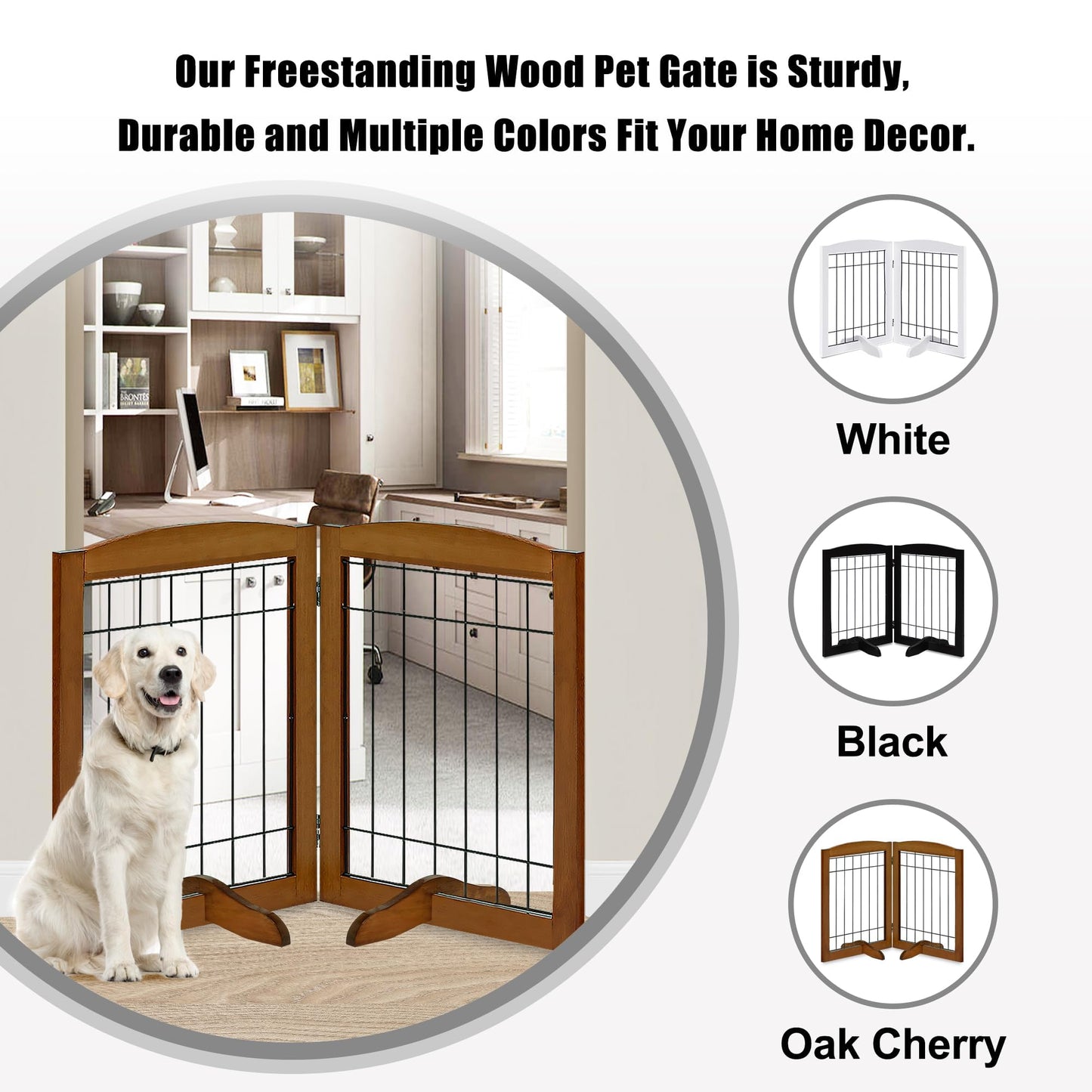 LZRS 2-Panel Freestanding Adjustable Wooden Dog Gate—30” Tall Foldable Pet Barrier with Support Feet, Solid Hardwood & Chew-Resistant Steel Wire for Doorways, Hallways, and Stairs, Oak Cherry