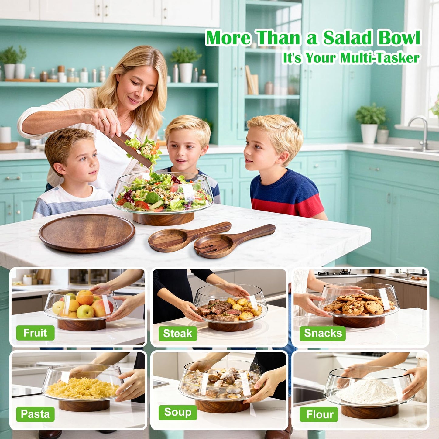 Airsent Extra Large Glass Salad Bowl with Lid Set, 5-Qt (160 fl oz) Mixing/Serving Bowl with Wood Base & Salad Servers, Trifle Bowl for Kitchen, Parties & Christmas