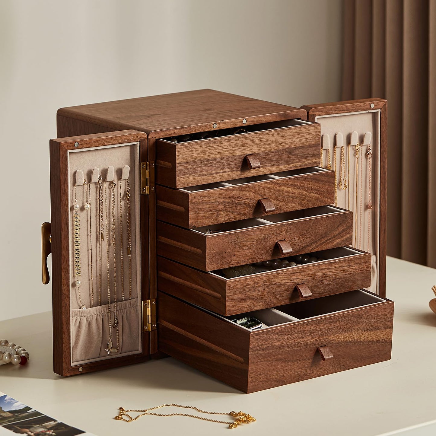 Homruilink Wooden Jewelry Box 5 Layer Black Walnut Large Jewelry Organizer with Brass Handle for Necklaces Rings Earrings Watches Storage, Fathers Day Gift (7.9x8.7x10.0inches)