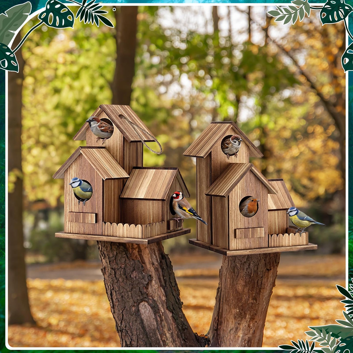AceOrbit 2 Pcs Bird Houses for Outside 3 Hole Wooden Bird House 7.48 x 5.91 x 5.91 Garden Backyard Decor Weather Resistant Birds Shelter Rustic Outdoor Hanging Birdhouse for Bluebird Finche Cardinal