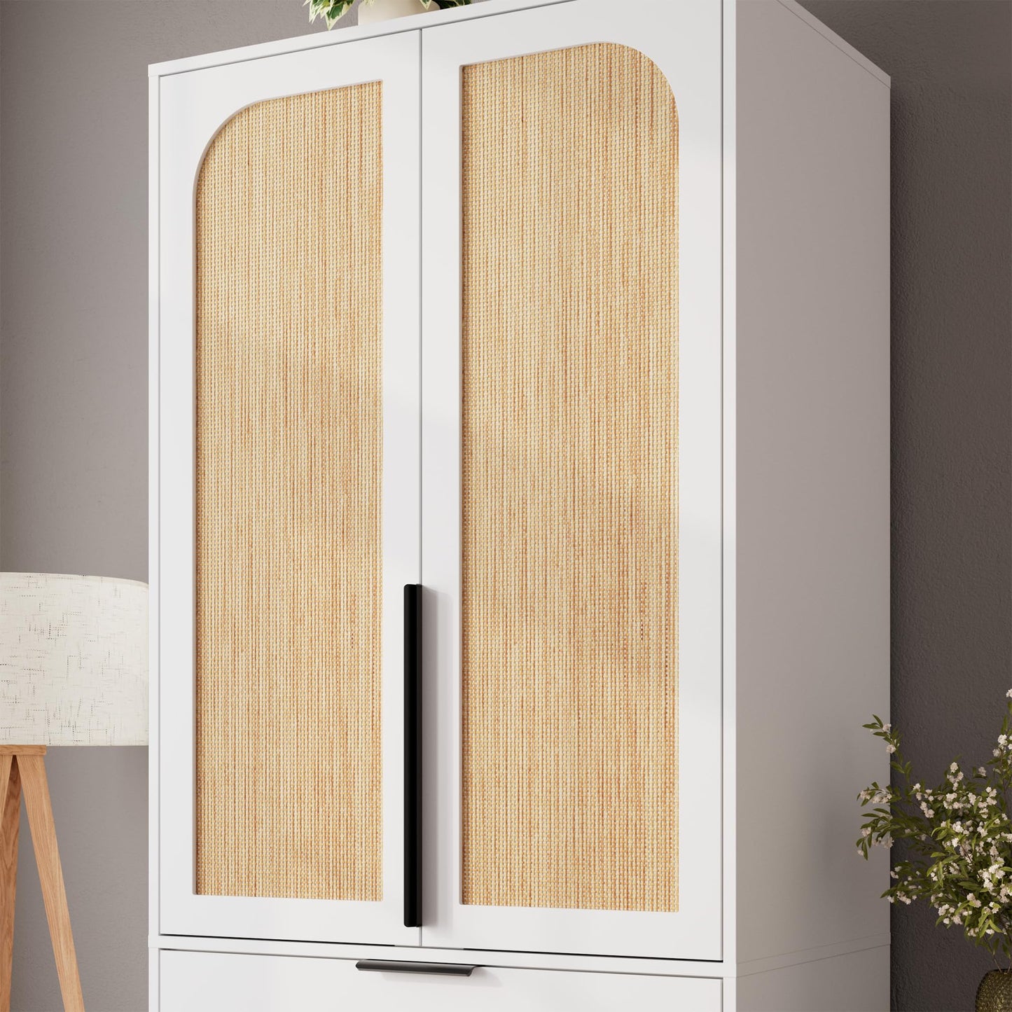 GarveeHome Armoire Wardrobe Closet, 69.5 in Wooden Wardrobe Cabinet with 3 Drawers, Hanging Rod, 2 Doors Clothing Storage Cabinet for Bedroom, Large Capacity Storage, Rattan Door, White