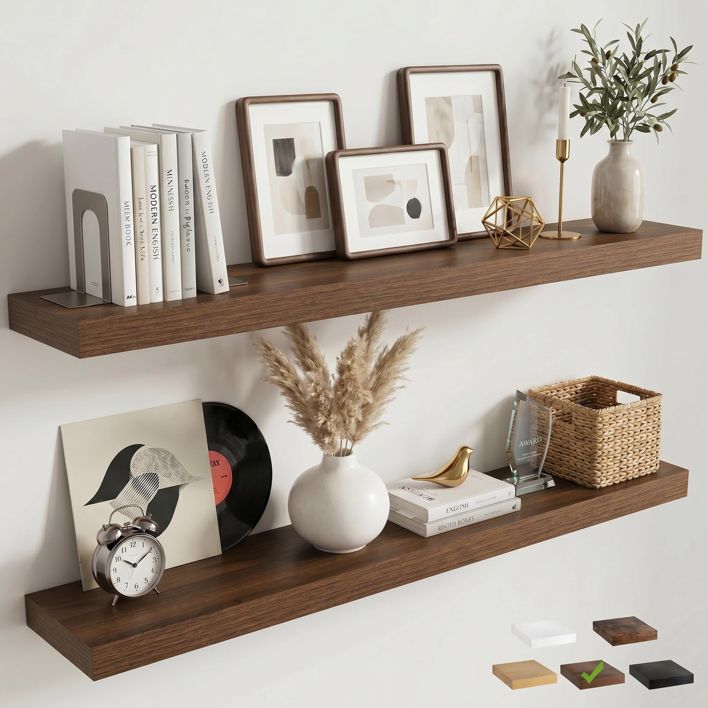 FLYJOE Floating Shelves for Wall, 48 Inch Floating Shelves Set of 2, 8" D Wooden Wall Mounted Display Shelves with Invisible Brackets for Living Room, Bedroom, Bathroom, Kitchen Decor, Walnut