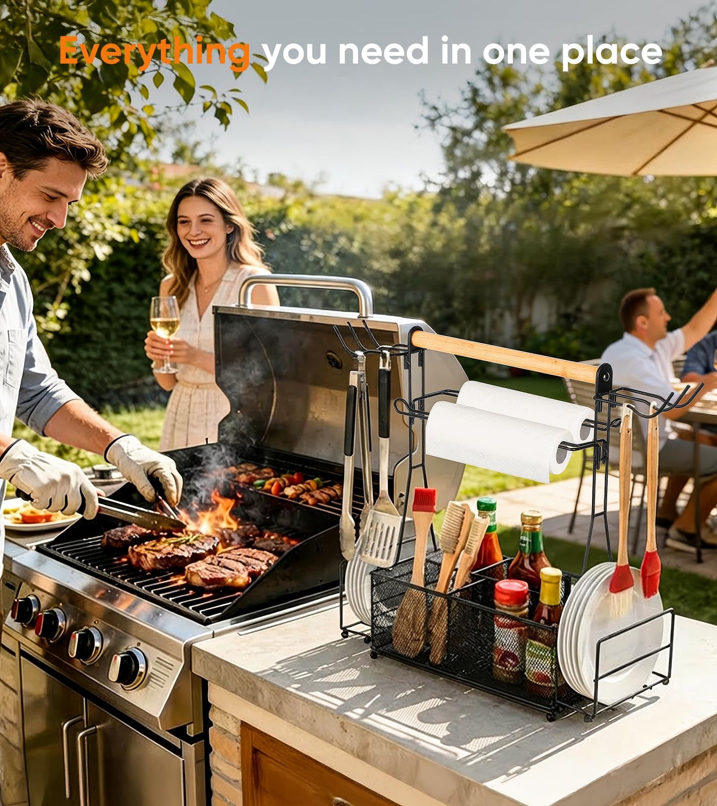 PWSOMJ Grill Caddy Barbecue Tool Sets for Outdoor Grill, Picnic BBQ Caddy Picnic Utensil Condiment Organizer, BBQ Accessories Camping Gifts with Paper Towel Holders, Compartments & Hooks