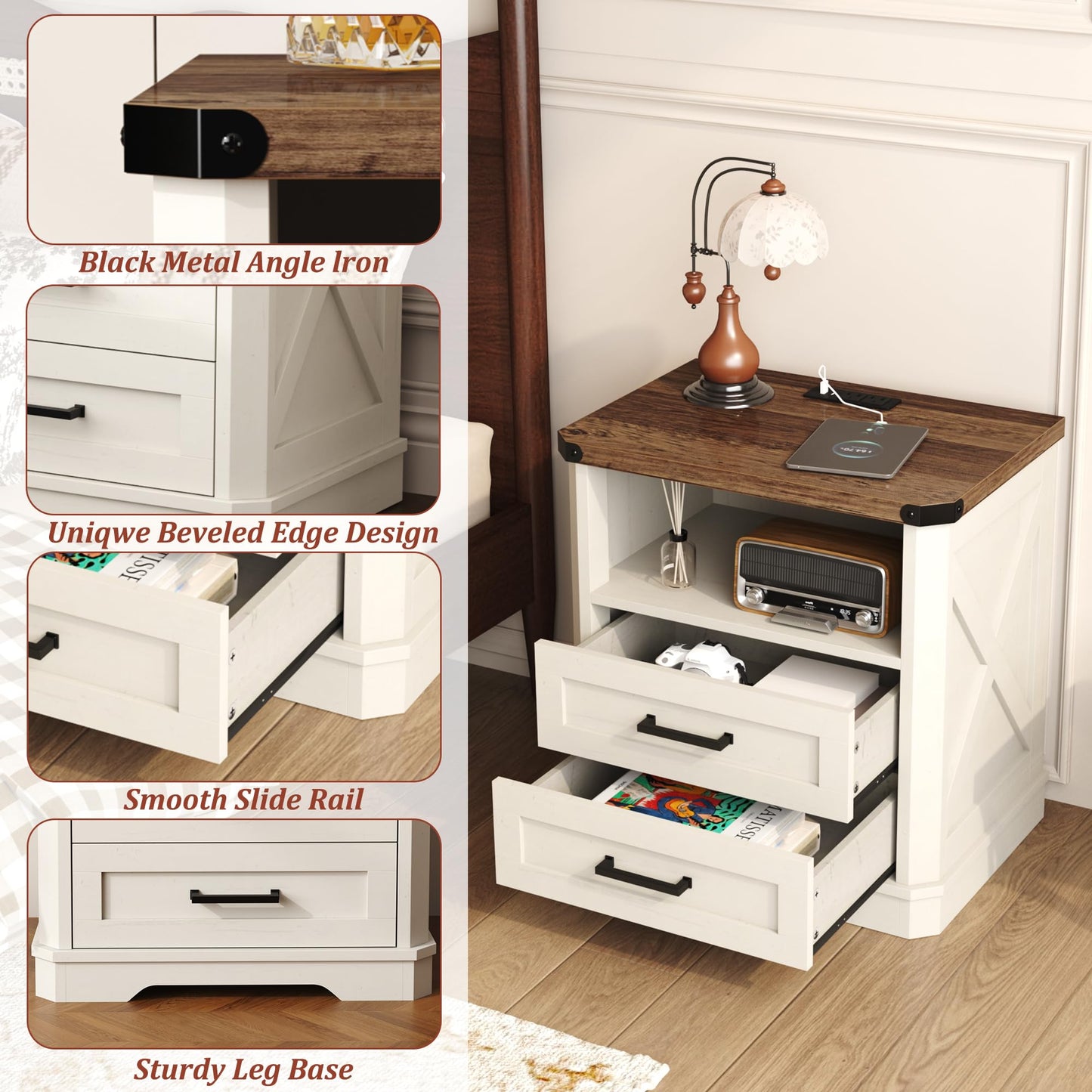 Yusong 23.62” Tall Farmhouse Nightstand, Rustic Wooden Night Stand with Charging Station, Beside Table with Drawers and Open Storage, End Tables for Bedroom, Cream White 003